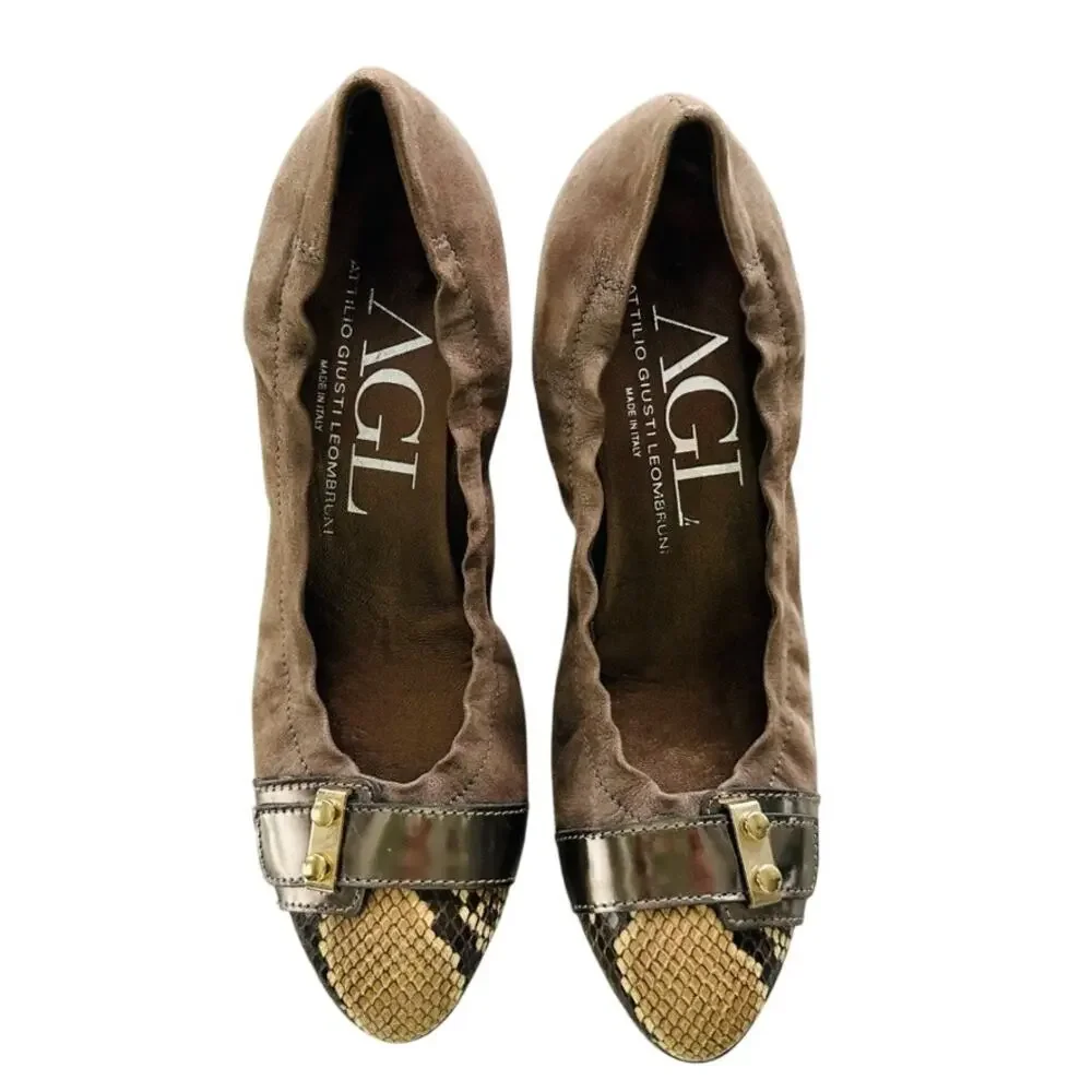 AGL Cap Toe Low Wedge Brown Suede Size 39 Snake Buckle Comfort